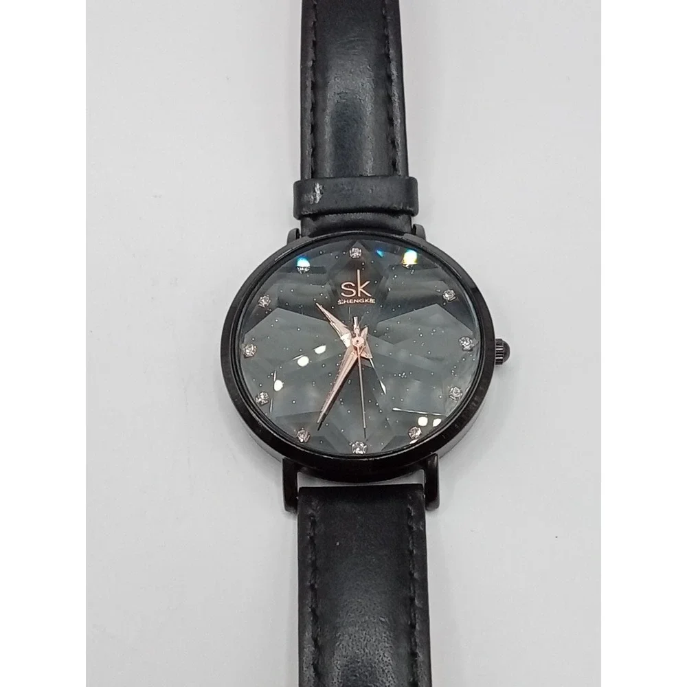 Shengke Women's Black Prism Crystal Leather‎ Band Quartz Watch- New Battery